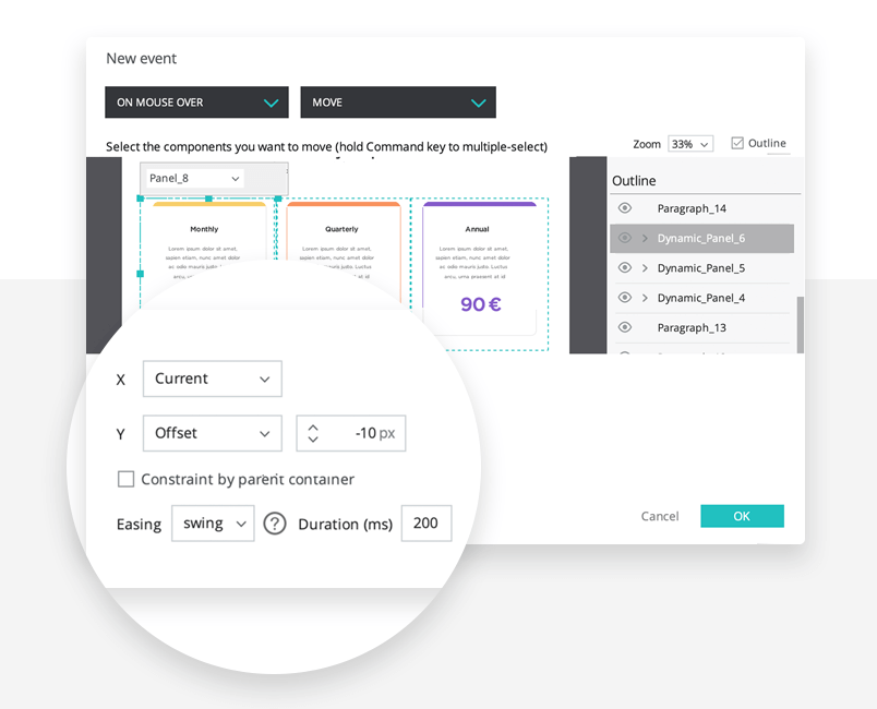 designing interaction for pricing section within landing page design on justinmind