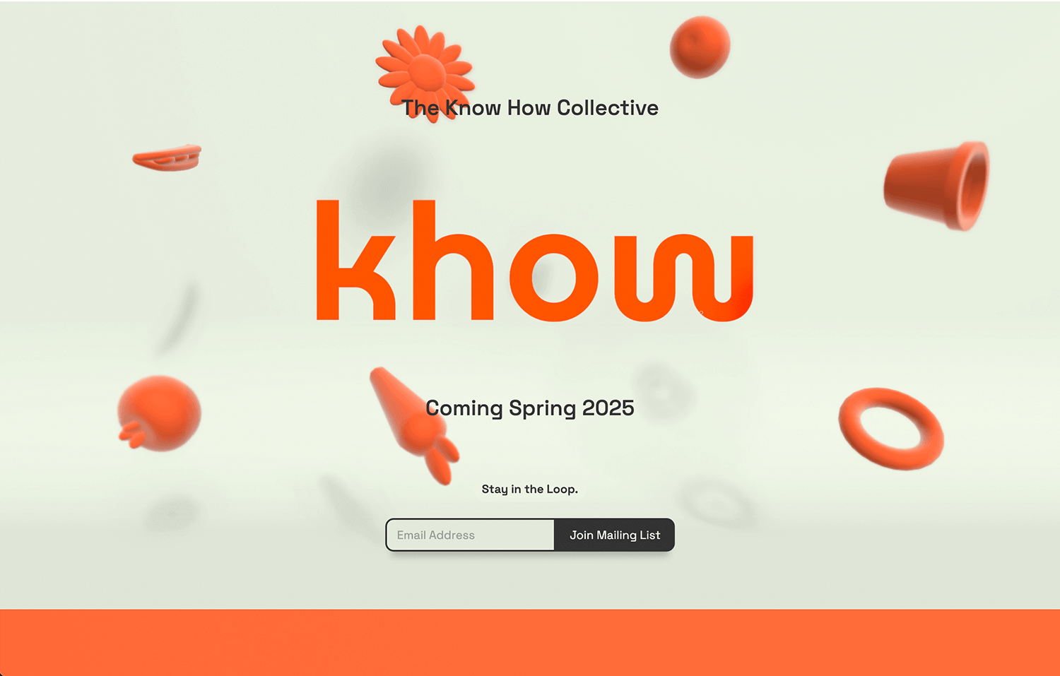 Khow one-page website with bright orange text and 3D objects