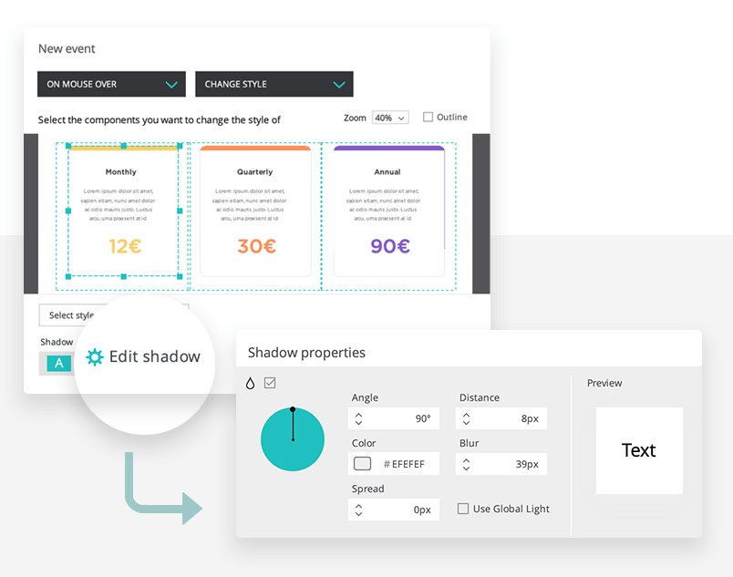 set up of interactions on pricing section of landing page design 