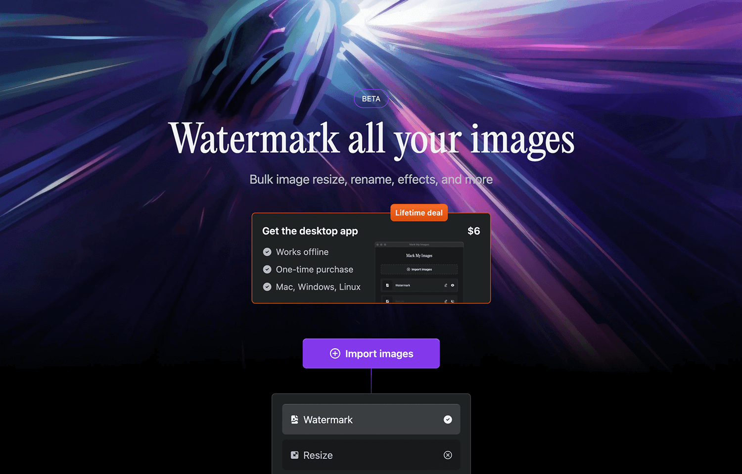Mark My Images one-page website example with a dark abstract background and a call-to-action to watermark images.