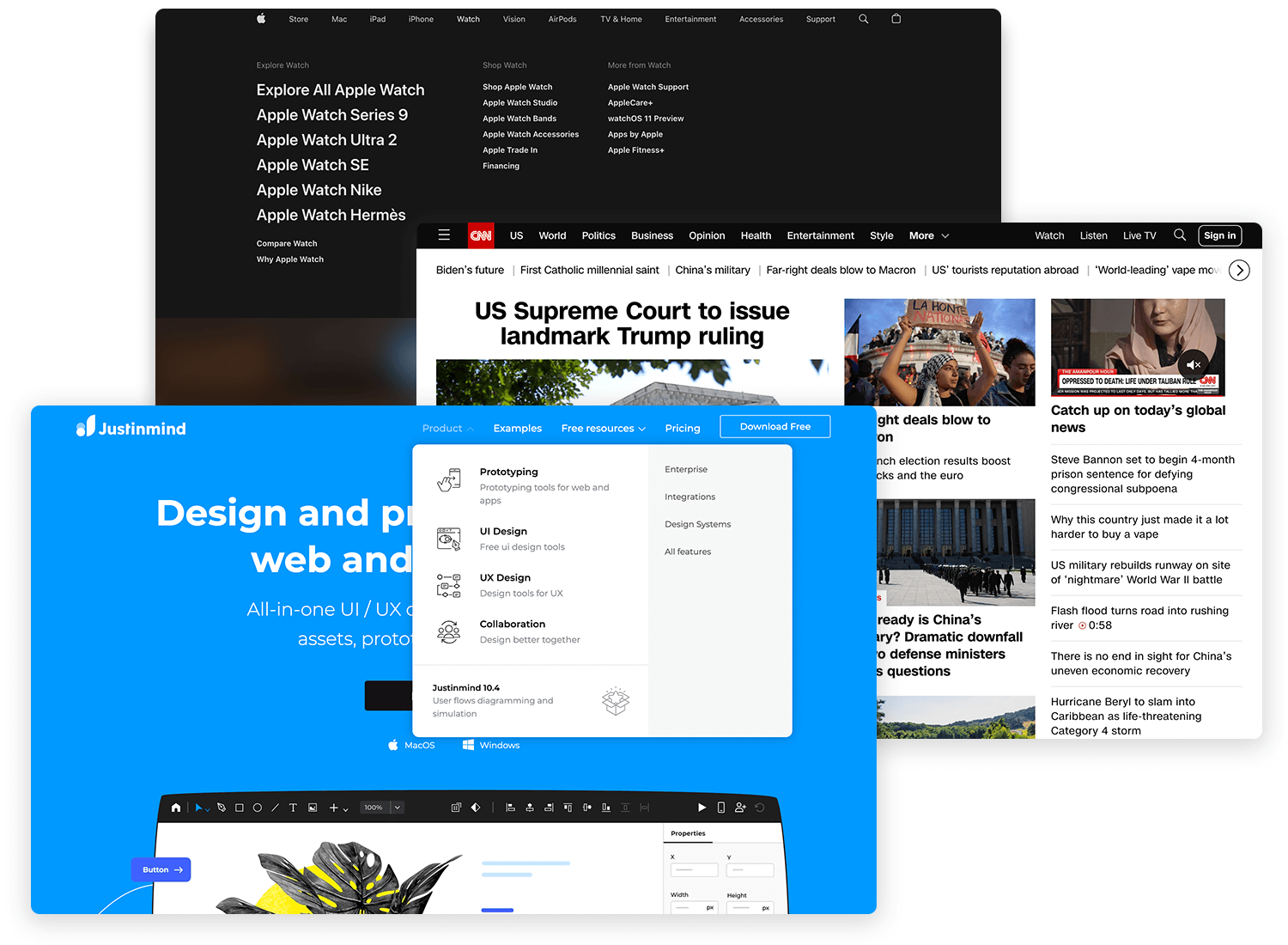 Examples of multi-page websites from Apple, CNN, and Justinmind