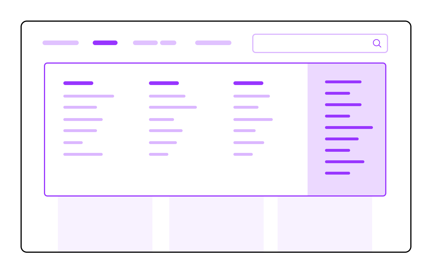 Diagram of multi-page website navigation showing multiple sections and a search bar.