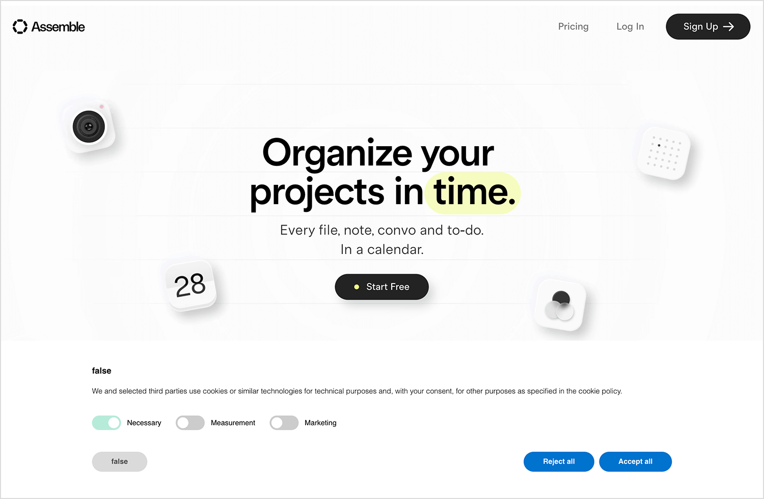 Onassemble one-page website with project management tools and simple design