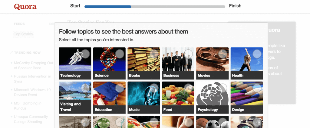 Quora example of great user onboarding experience design