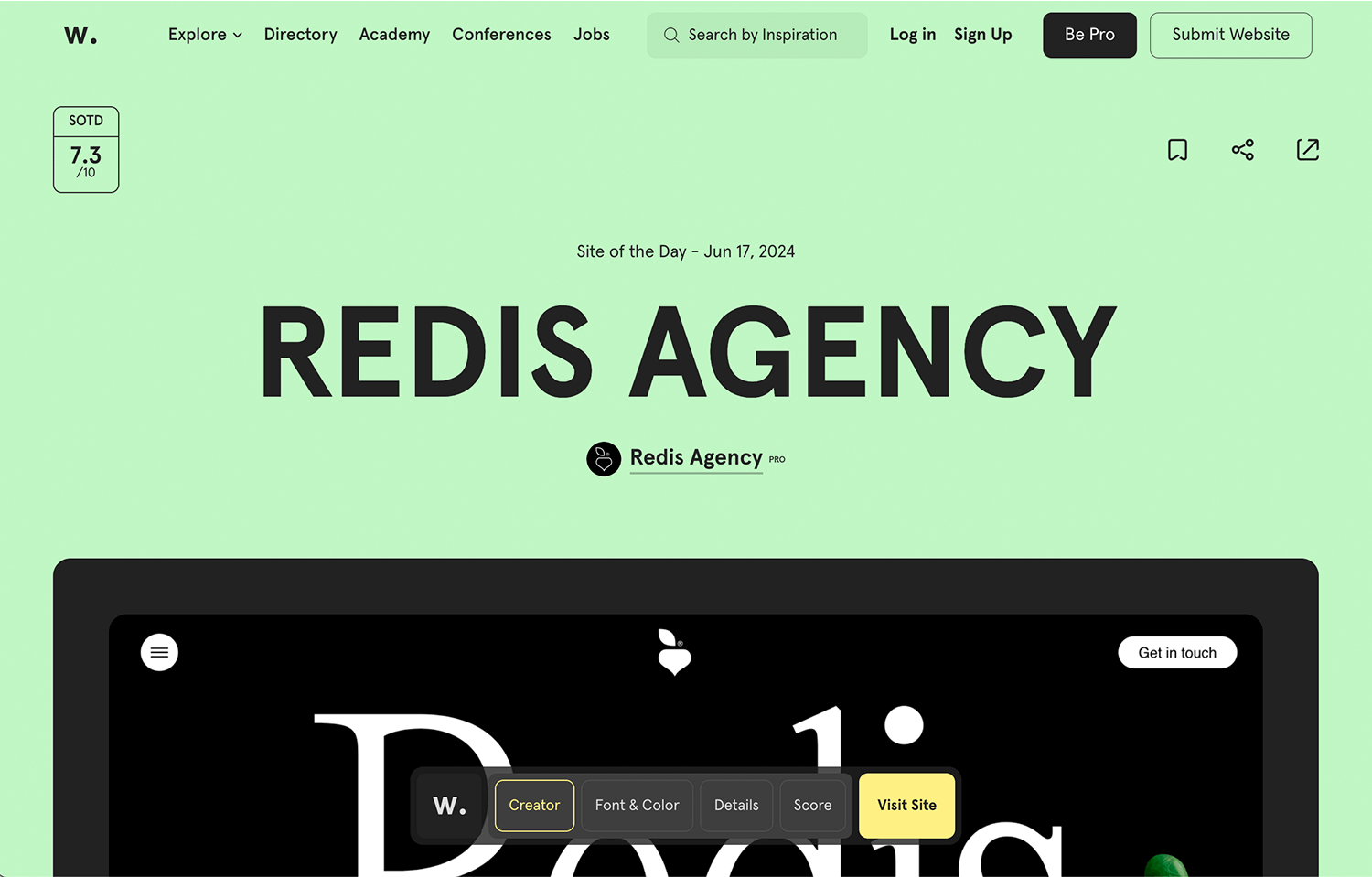 Redis Agency one-page website with green background and bold black text.