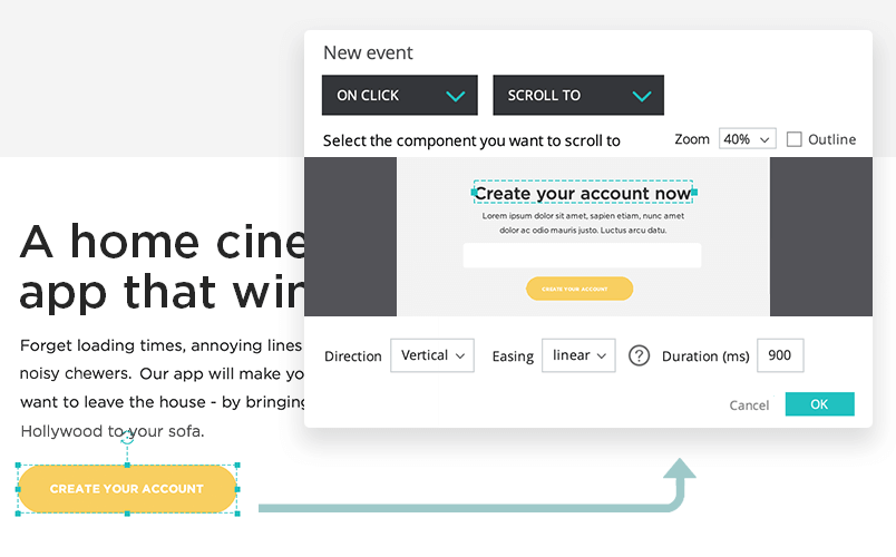 How to create a scroll to interaction in a landing page with justinmind