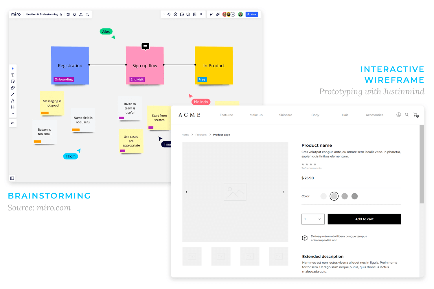 Brainstorming session in Miro and interactive wireframe prototype for an e-commerce product page