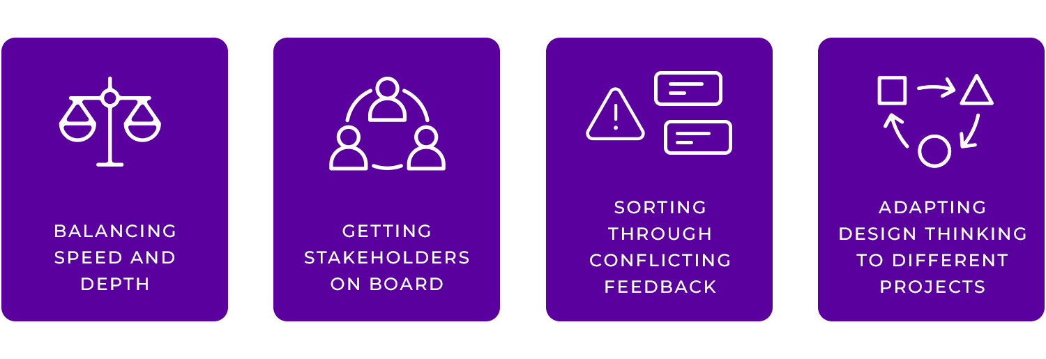 Key design thinking challenges: balancing speed, stakeholder alignment, handling feedback, and adapting processes