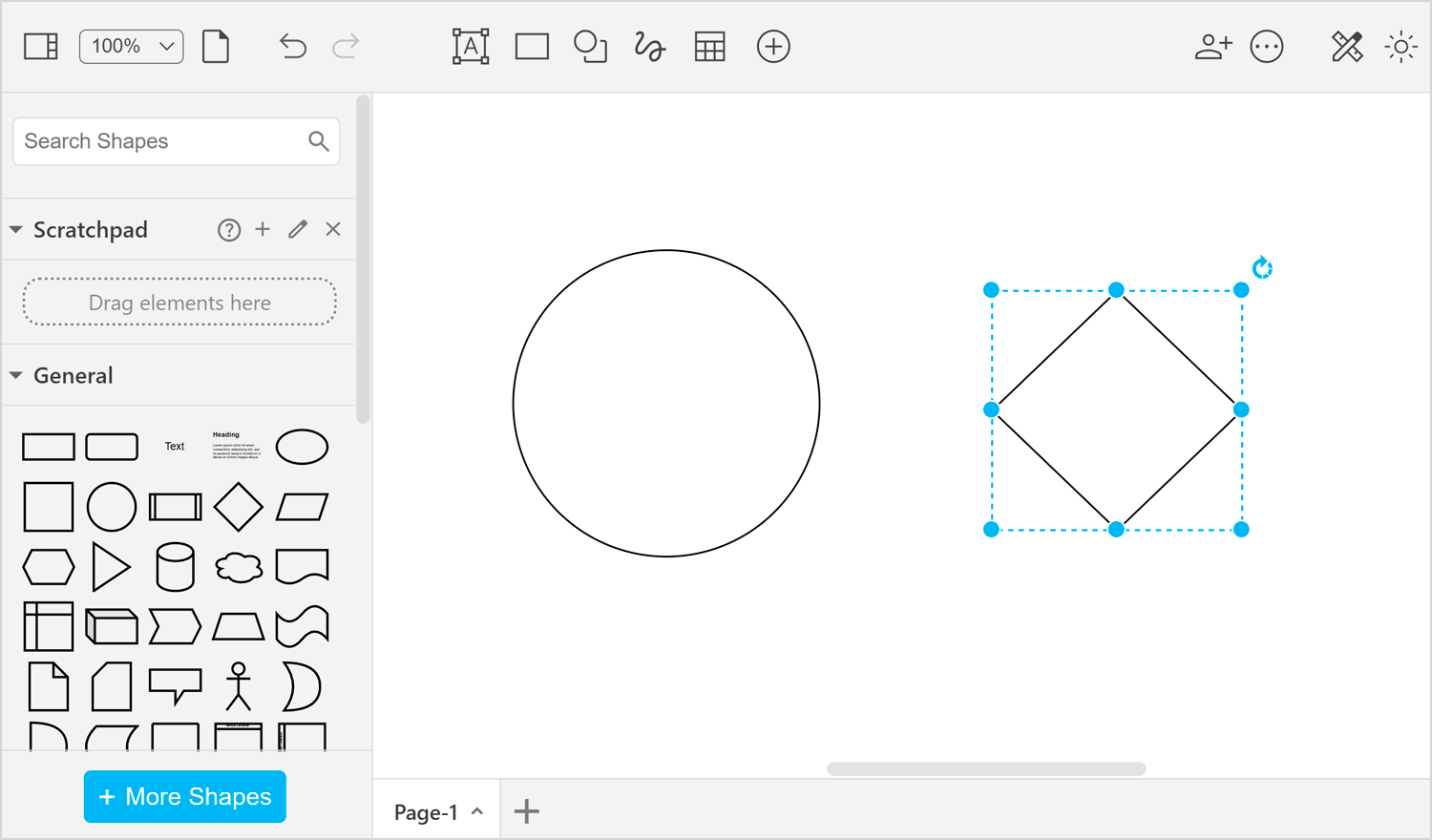 Draw.io interface for creating diagrams and wireframes with simple shape tools.