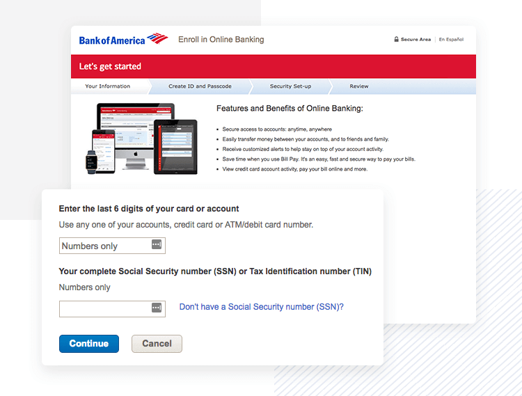 example of great enterprise ux payoff - bank of america online signup