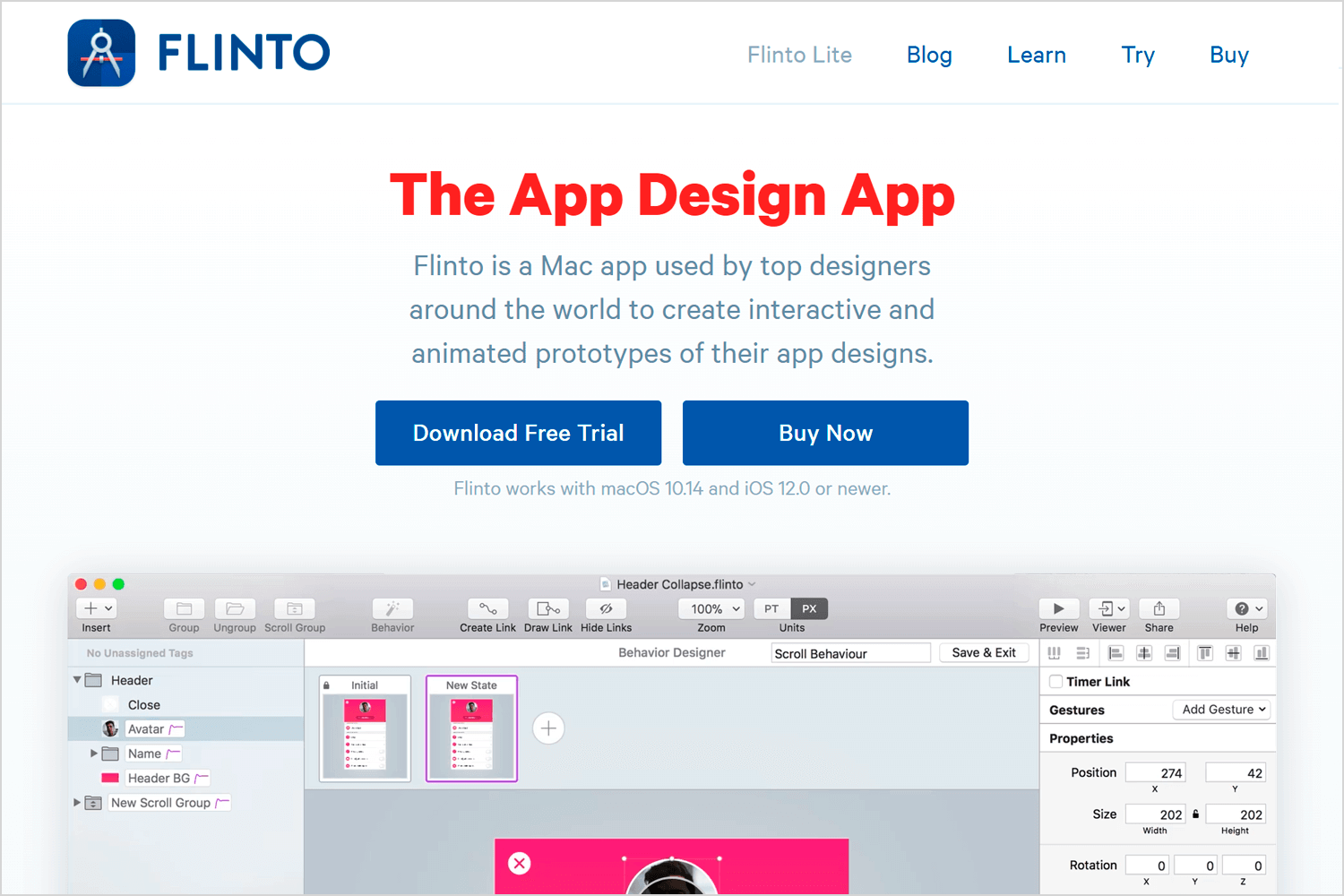 Flinto prototyping tool for creating interactive and animated app designs on macOS