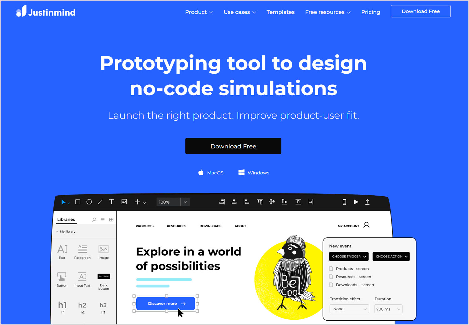 Justinmind prototyping tool for designing no-code simulations and interactive UI mockups.