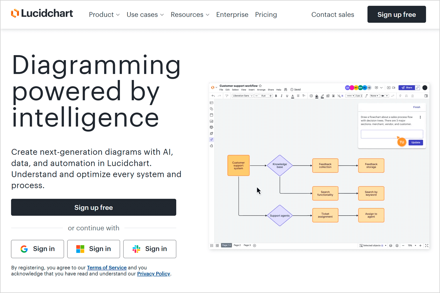 Lucidchart diagramming tool for creating AI-powered flowcharts and system visualizations