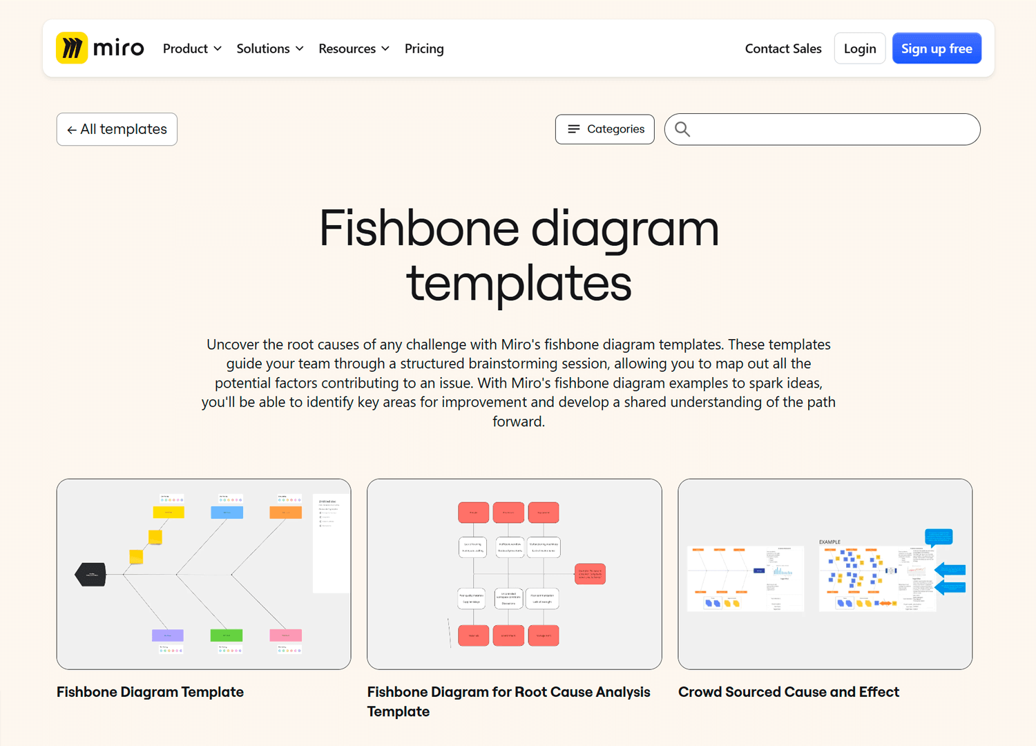 Miro fishbone diagram templates for brainstorming and problem-solving.