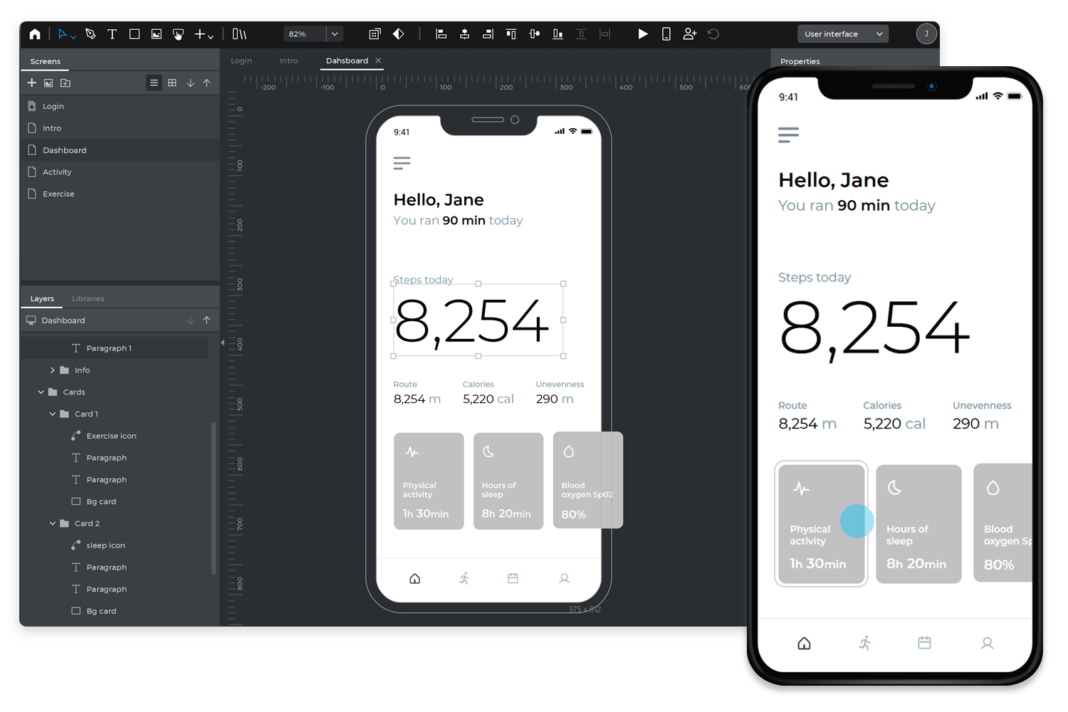 Mobile app UI dashboard prototype displaying step tracking, activity stats, and health metrics