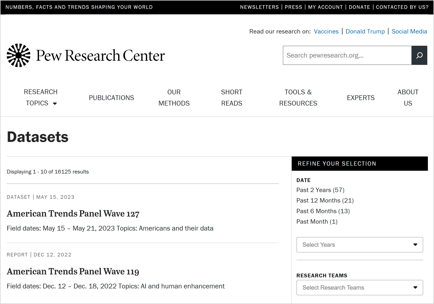 Pew Research Center datasets page displaying American Trends Panel data for research and analysis.