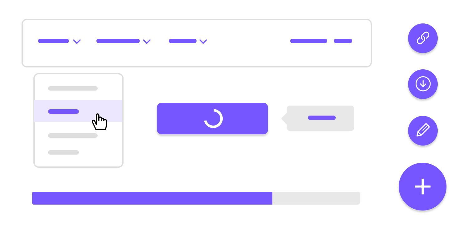 UI interactive elements: dropdowns, buttons, progress bar, and icons for editing, adding, and downloading