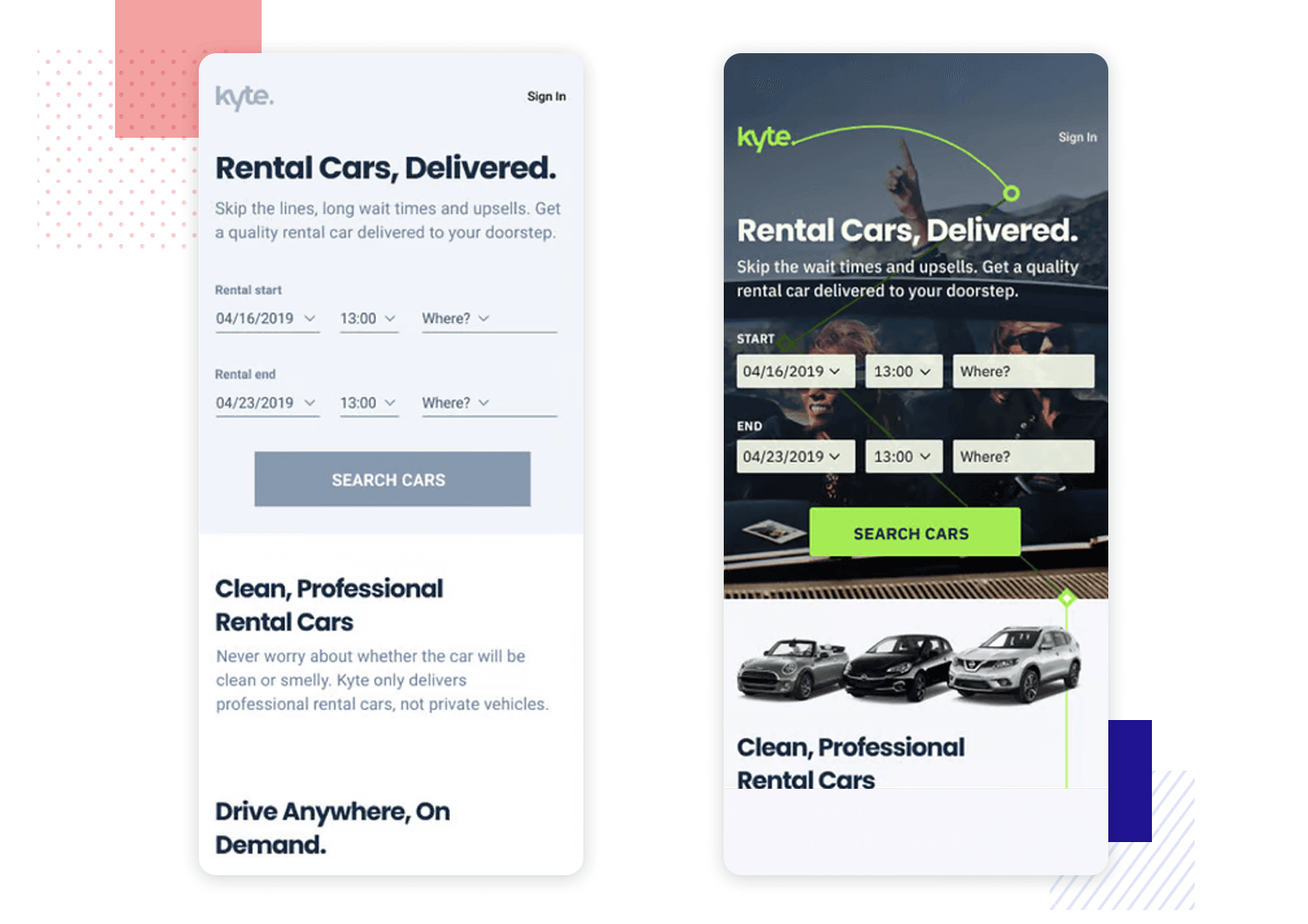 High-fidelity mockups of a car rental app highlighting features such as rental scheduling, professional service description, and seamless car delivery.