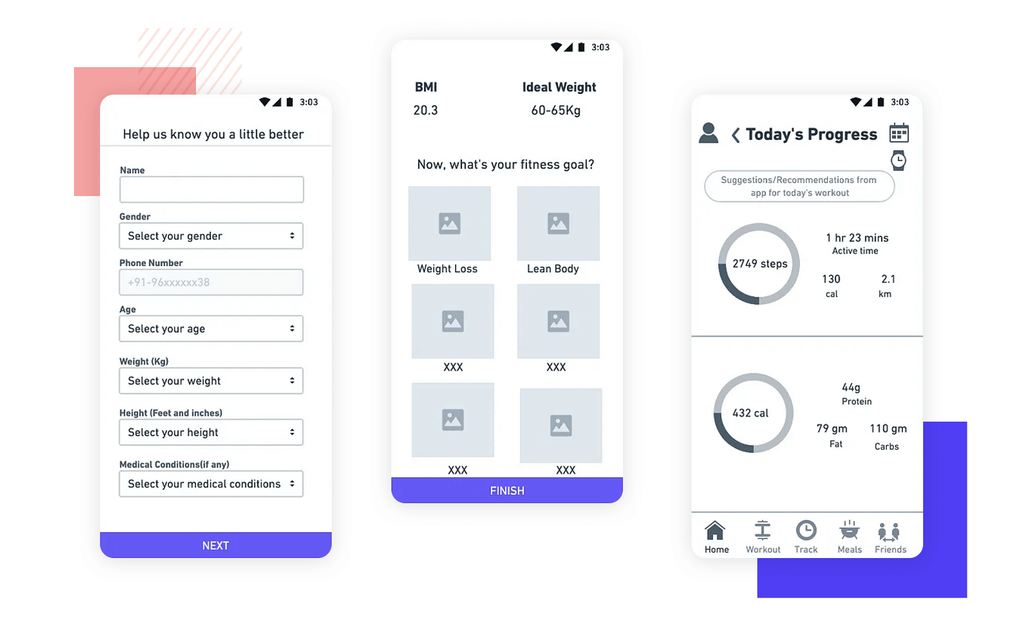 Health app wireframe showing user info input, fitness goals, and daily activity stats