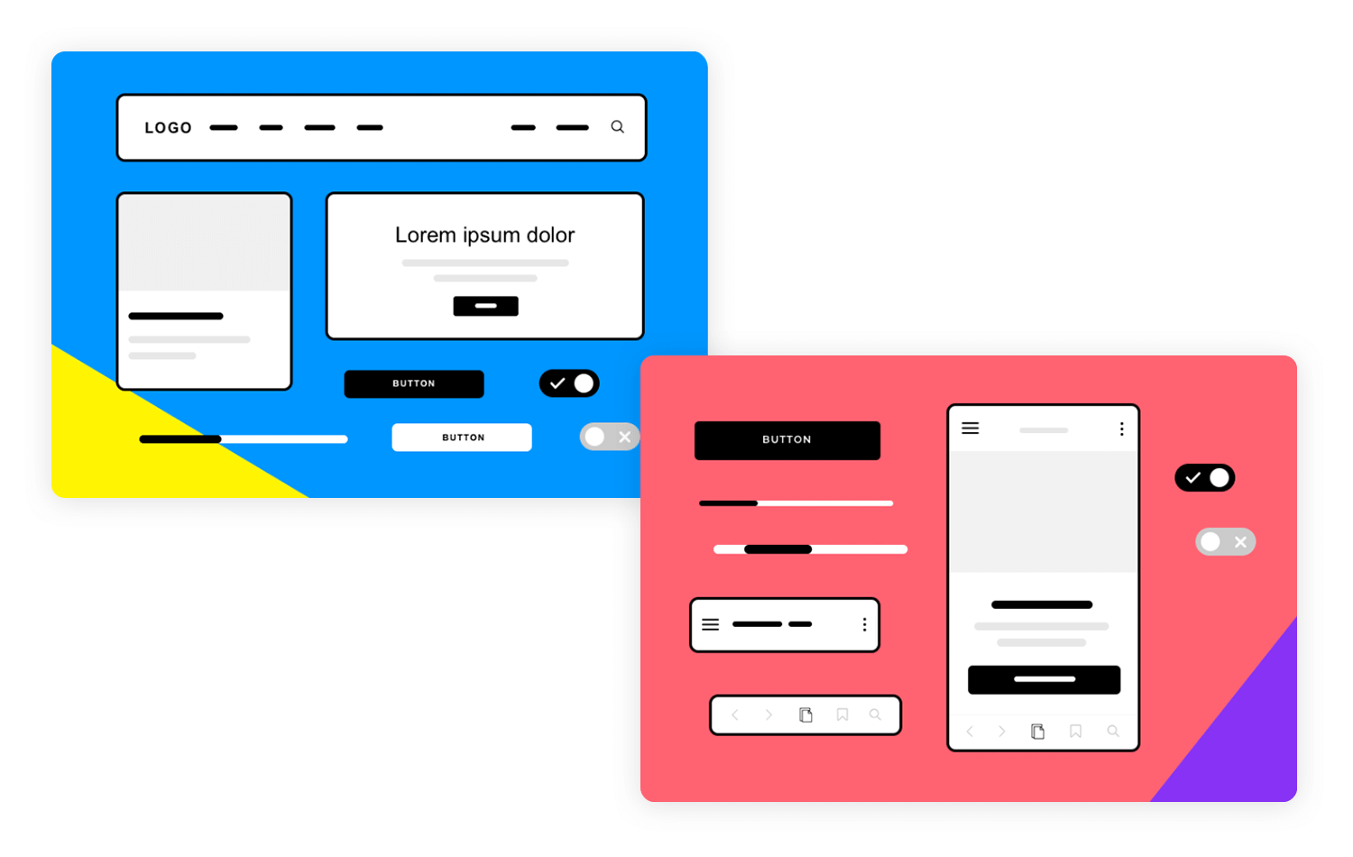 Wireframe design showcasing a website and mobile interface with key elements like buttons, search bars, and text fields, illustrated in vivid blue and red backgrounds