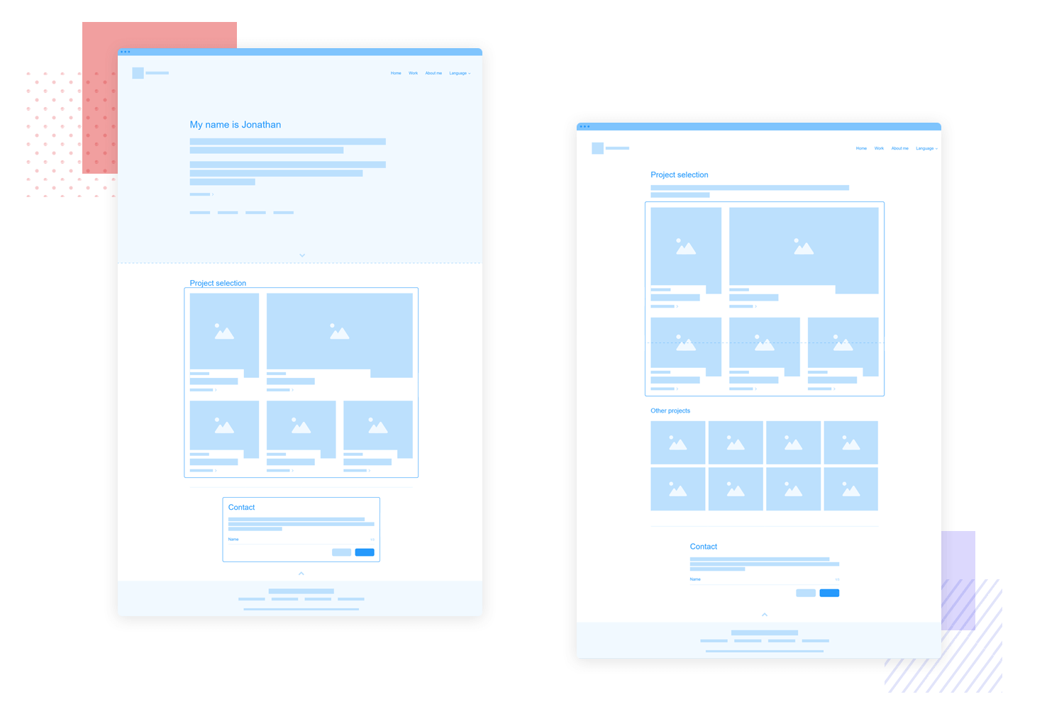 High-fidelity UX design wireframes for a portfolio website showcasing personal details, project selection, and a contact form, in a clean blue-toned layout.