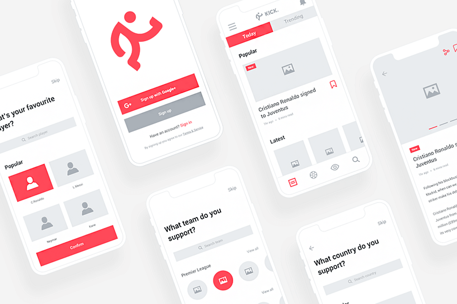 High-fidelity wireframe for a sports app featuring user registration, favorite player selection, and news feed navigation.