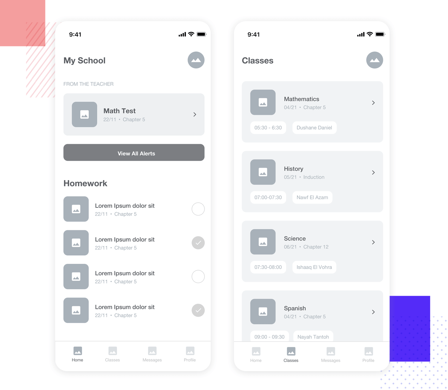 education and school work mobile app wireframe example