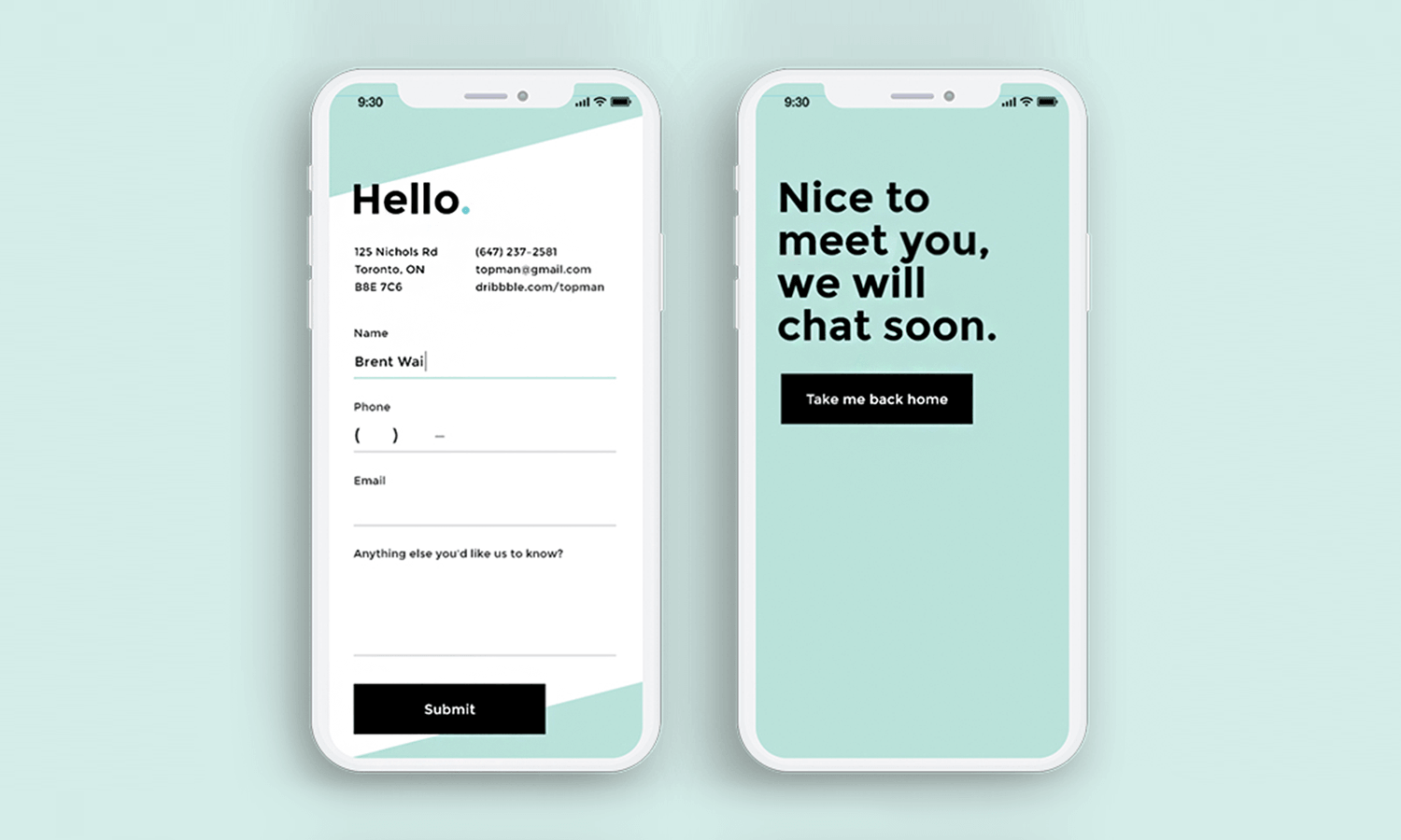 mobile contact form example by waison