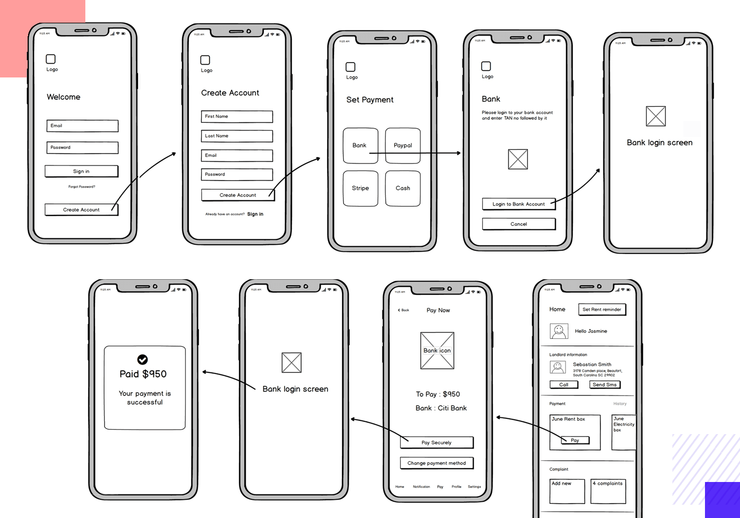 tenant home management app wireframe example