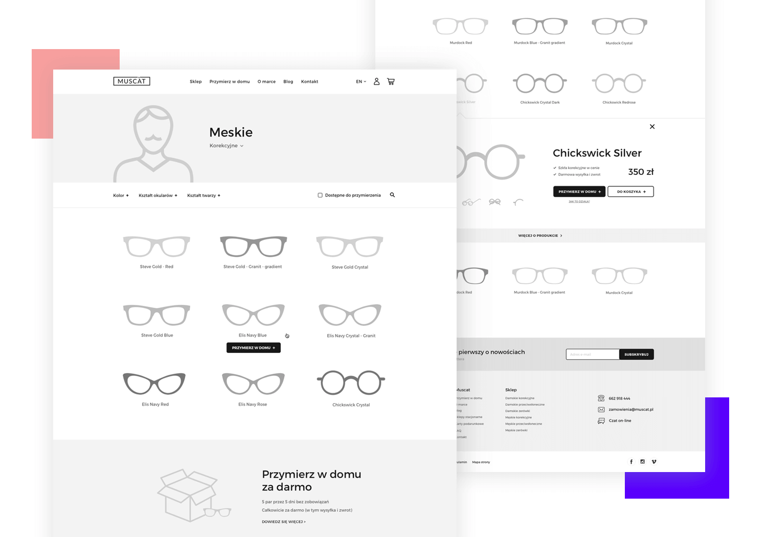 online store for glasses - low fidelity wireframe