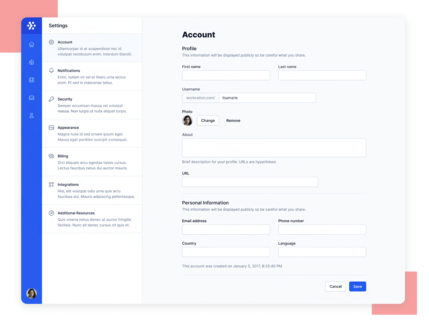example of settings page in low fidelity wireframe