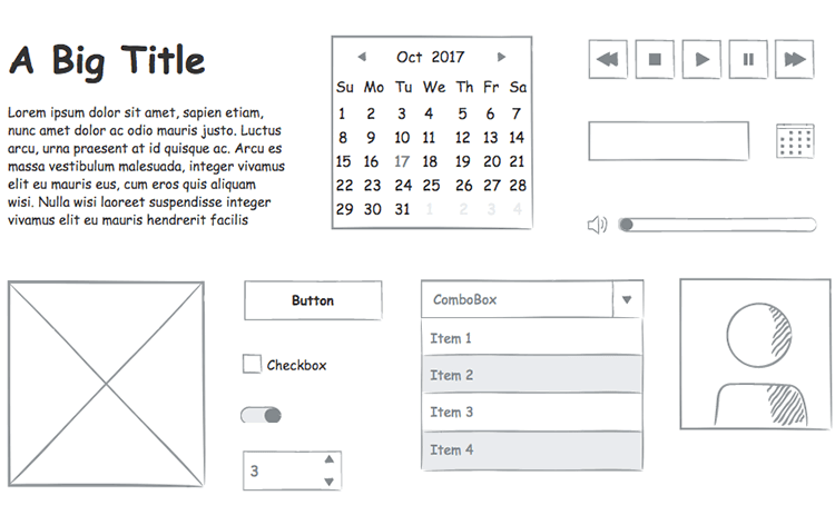 view of ui elements in sketching kit for low fidelity wireframes