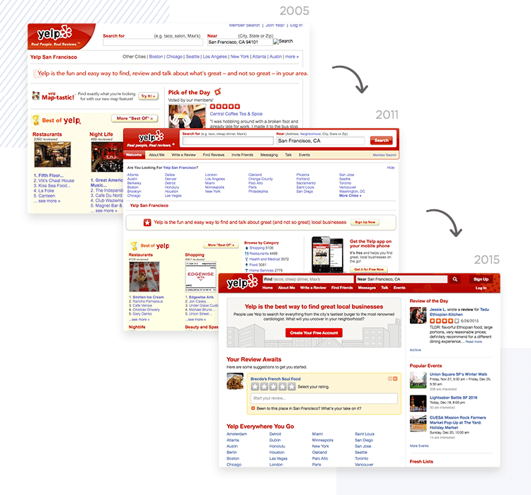 showing evolution of consistent design at yelp over years