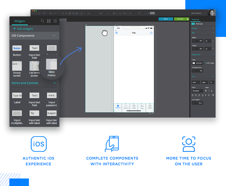 Justinmind's iOS UI kit - pre-designed, interactive slide menu available