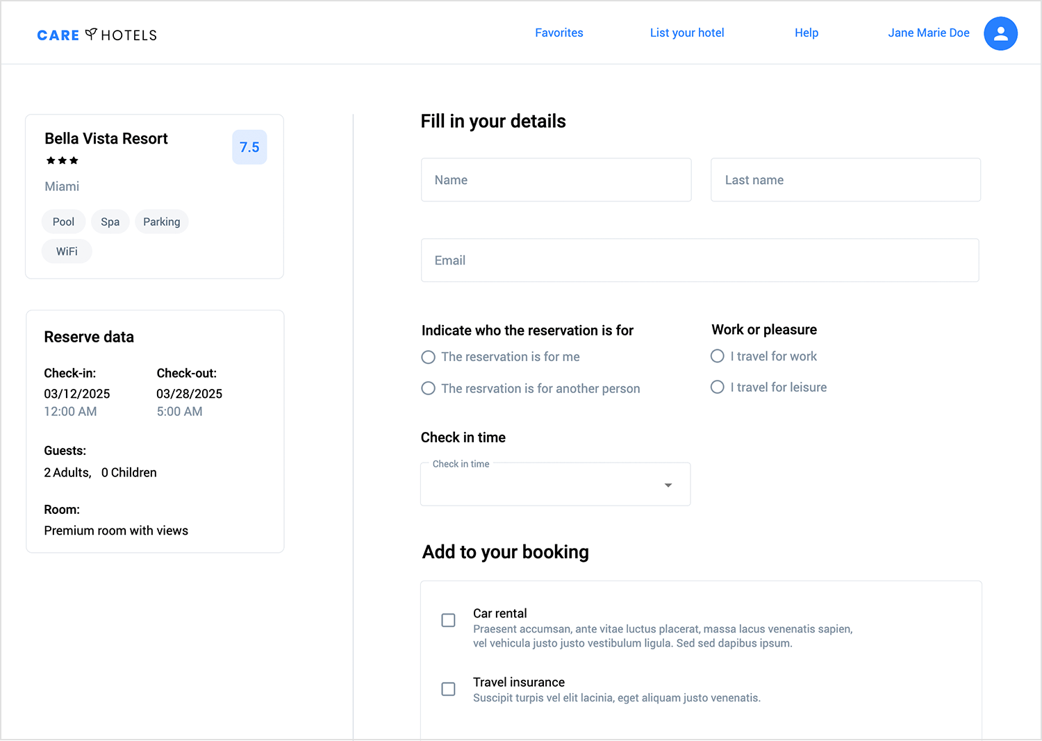 Hotel booking form UI with guest details, reservation summary, and add-on options.