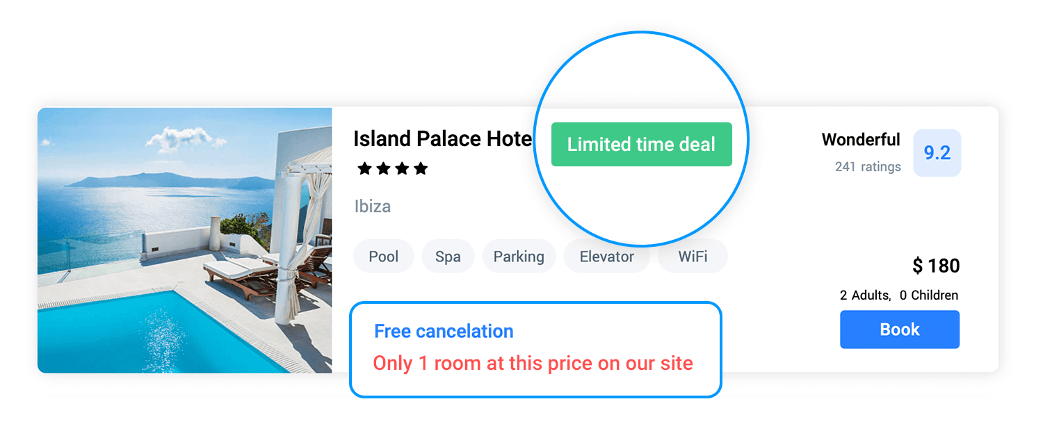 Hotel booking deal with limited-time offer, free cancellation, and price urgency notification.