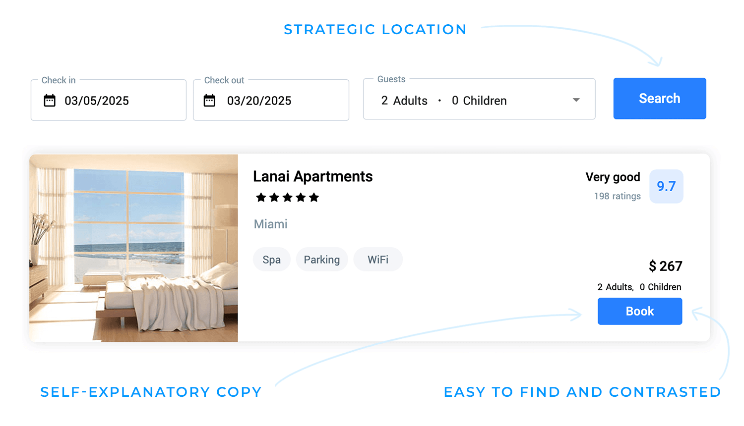 Hotel listing search UI with strategic location filter, clear CTAs, and self-explanatory copy.