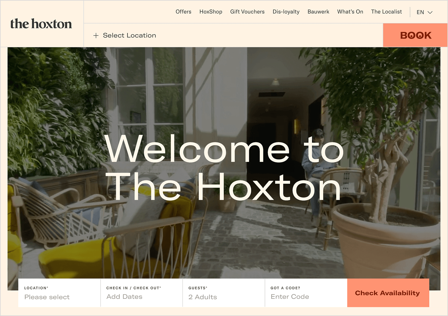 Playful hotel website design with interactive elements and bold fonts.