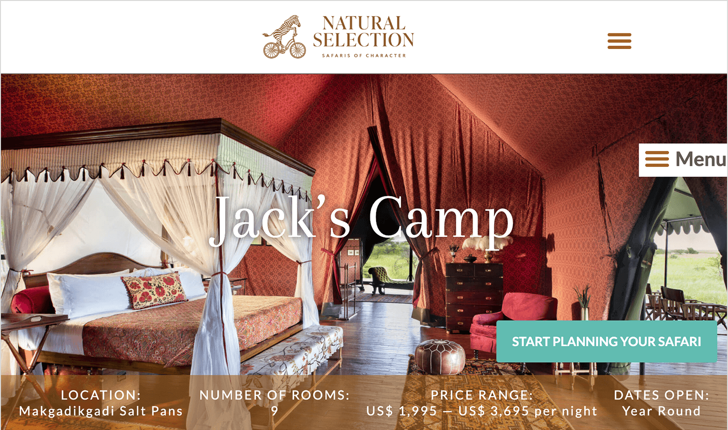 Safari-inspired hotel website design with earthy tones and adventure aesthetic.