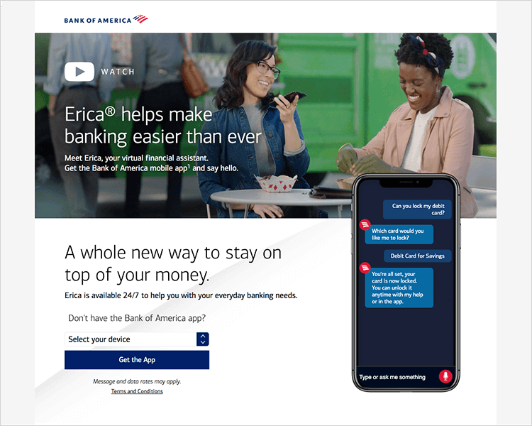 Banking app design patterns and examples - BOA uses a virtual assistant called Erica