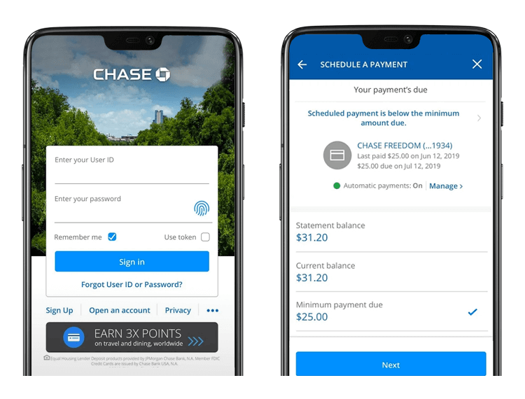 Banking app design patterns and examples - Chase uses a combination of vertical scrolling and progressive disclosure