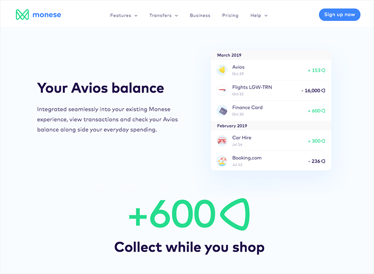 Banking app design patterns and examples - Monese uses Avios points as a gamification feature