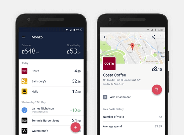 Banking app design patterns and examples - Monzo uses apps to display payment notifications