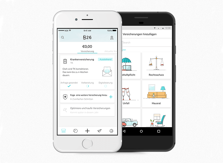 Banking app design patterns and examples - N26 lists out its insurance options with cards