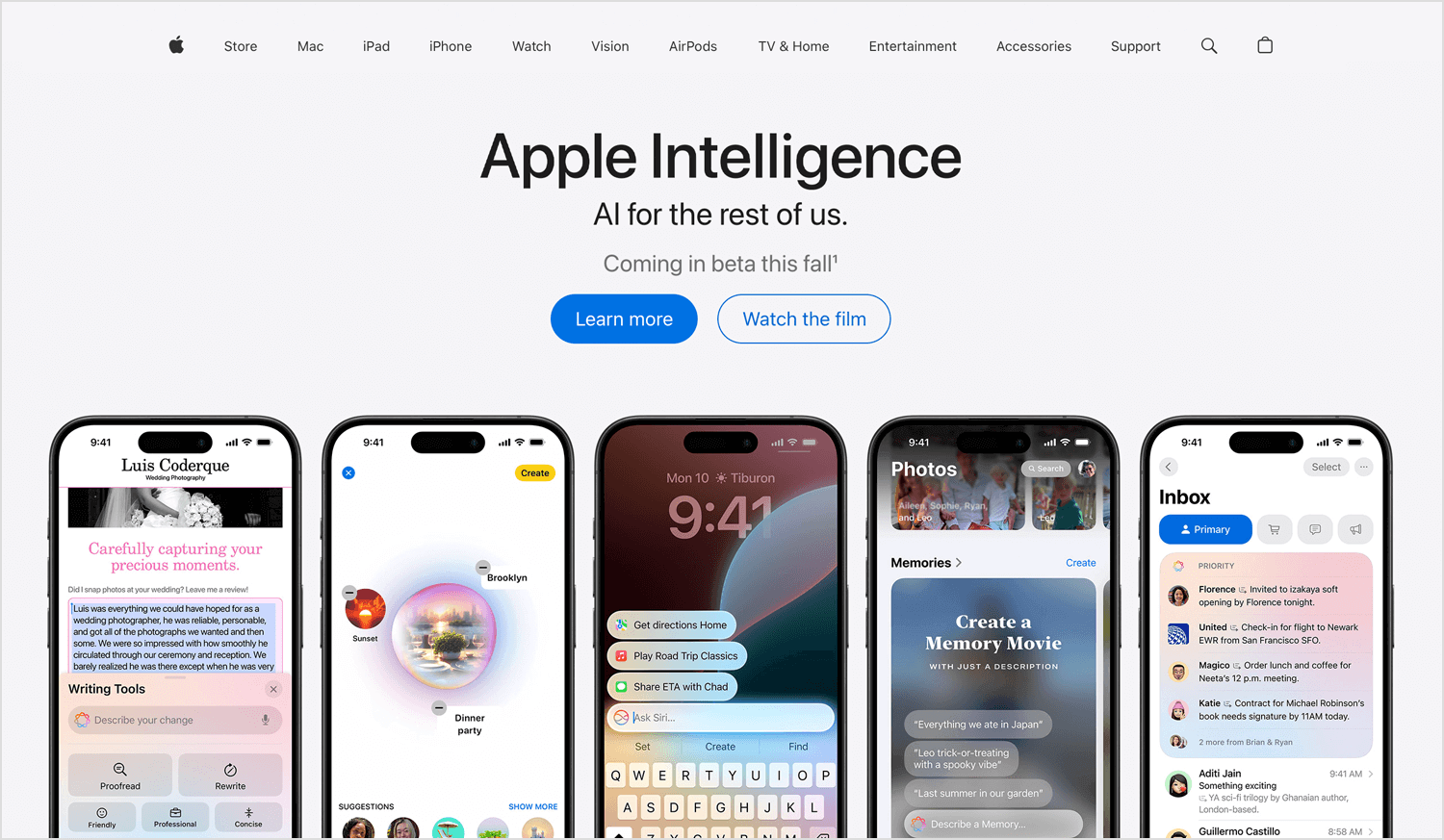 Apple's homepage showcasing iPhones and Apple Intelligence AI
