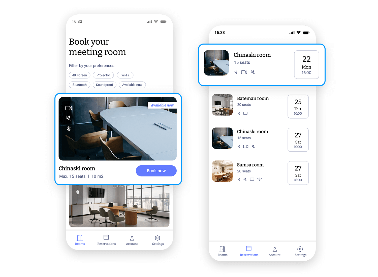 Booking app card UI for meeting room reservations