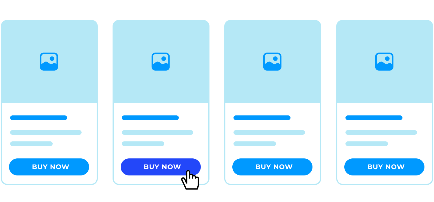 Card UI with four product listings and 'Buy Now' call-to-action buttons