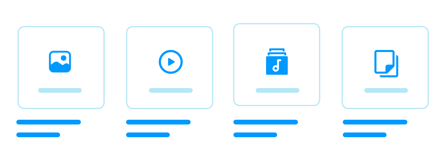 Card UI displaying four content types: image, video, file, and document