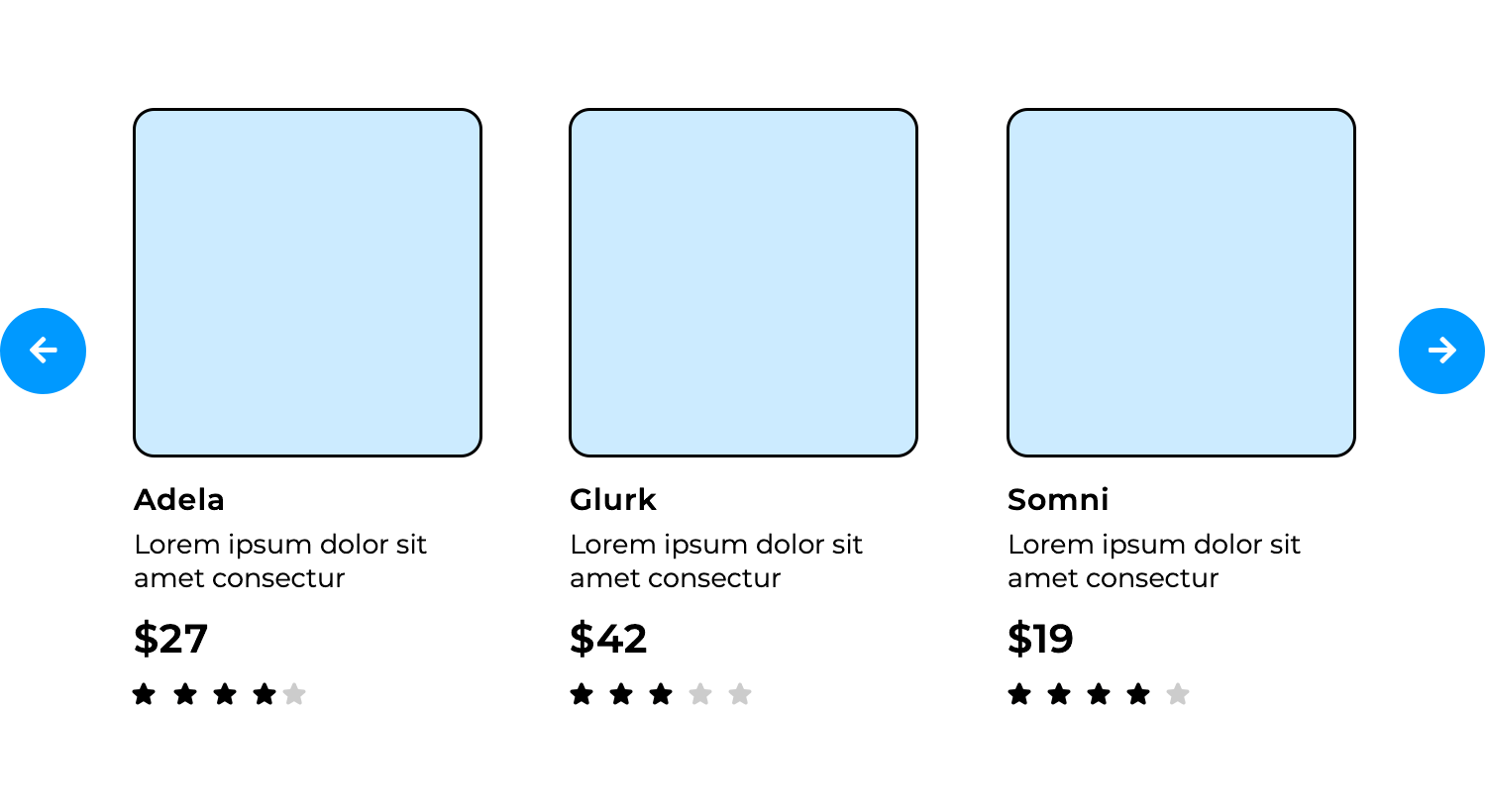 Carousel slider showing three product cards with names, descriptions, prices, and ratings