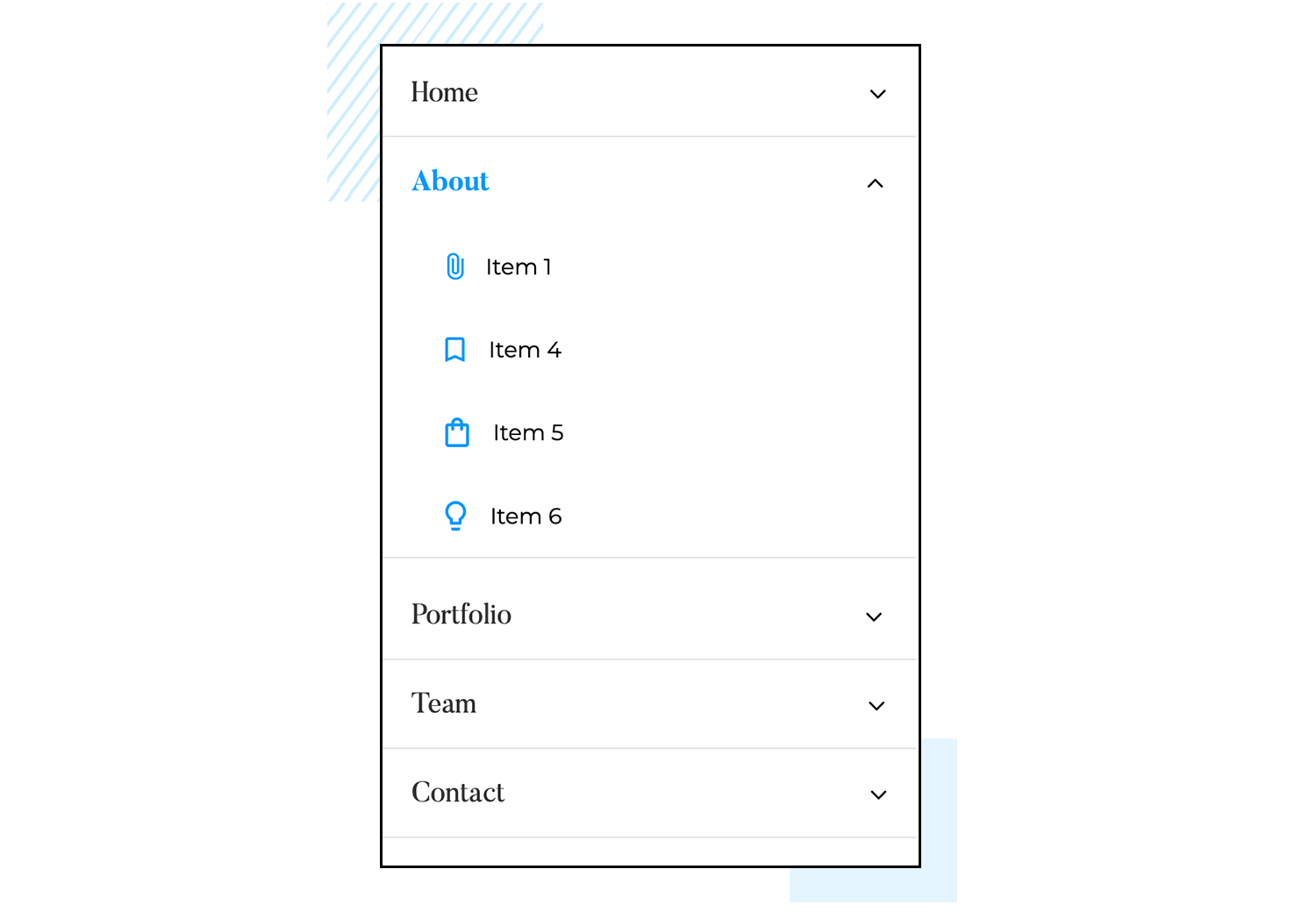 Dropdown menu with navigation links for Home, About, Portfolio, Team, and Contact.